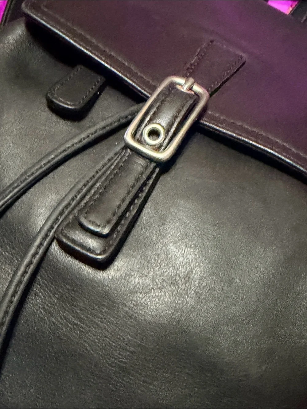 Vtg. Coach Hampton Legacy Black Leather Drawstring Flap Backpack